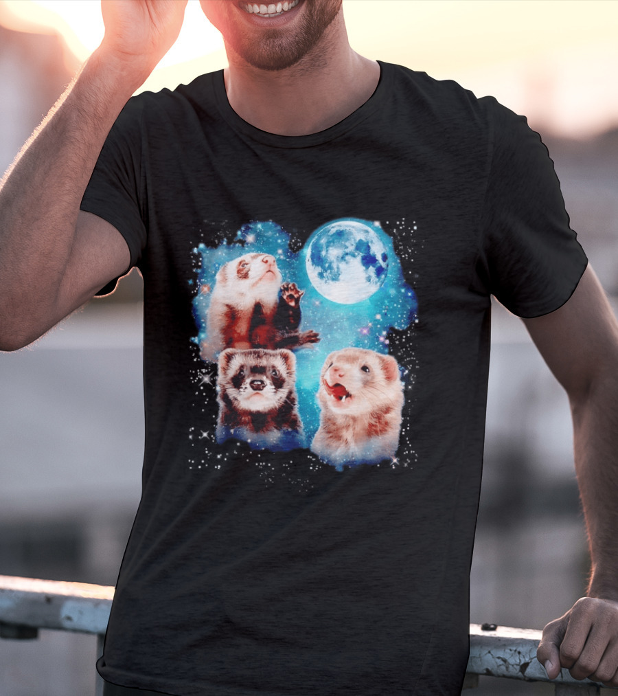 Ferret Trio With Full Moon And Starlit Sky T-Shirt