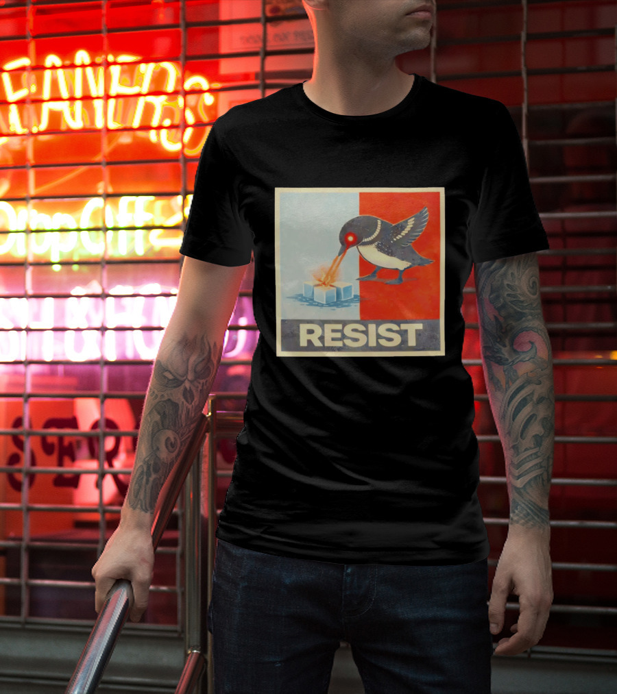 Resist Penguin Melting Ice Laser Eyes Red Blue Split T-Shirt