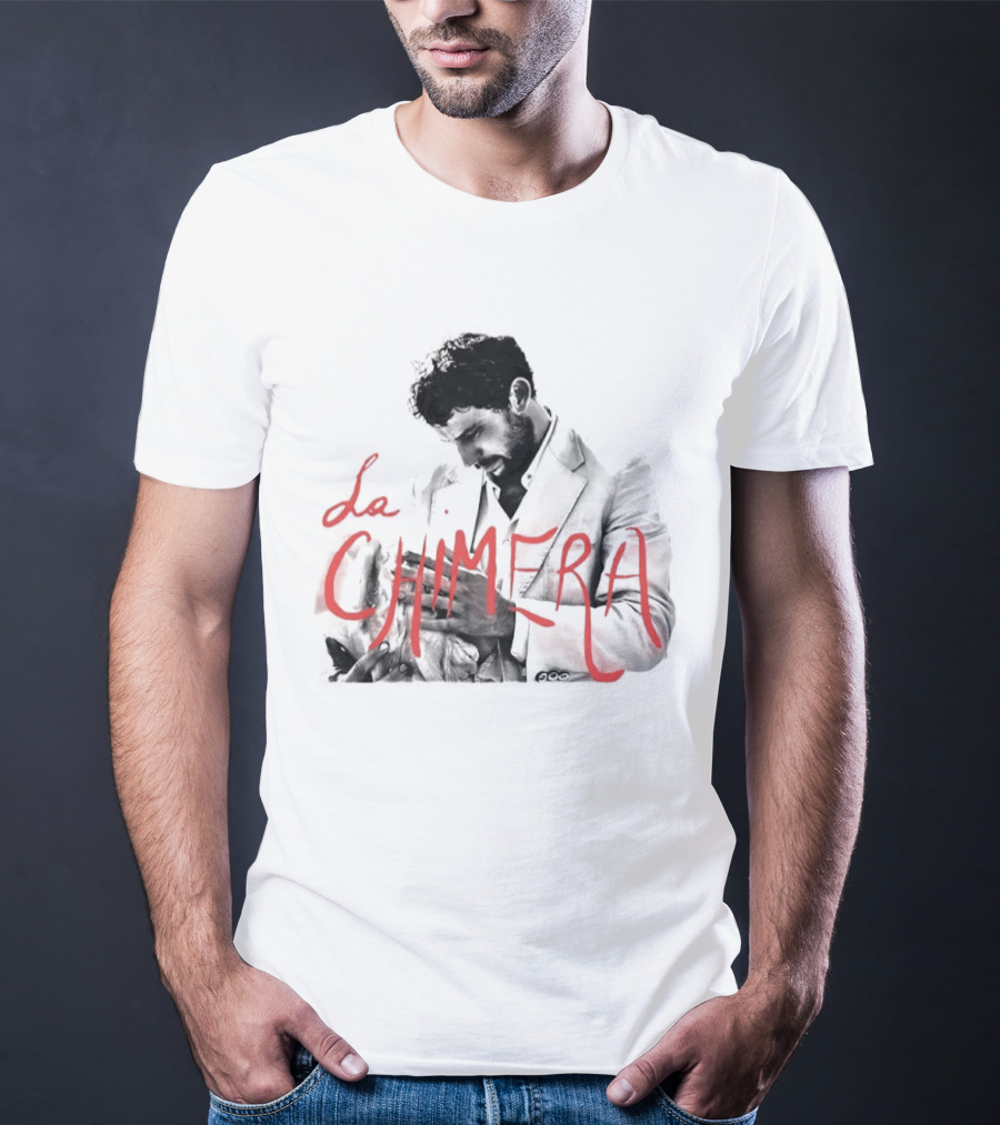 La Chimera Film Red Neon Style Text Over Mysterious Figure T-Shirt