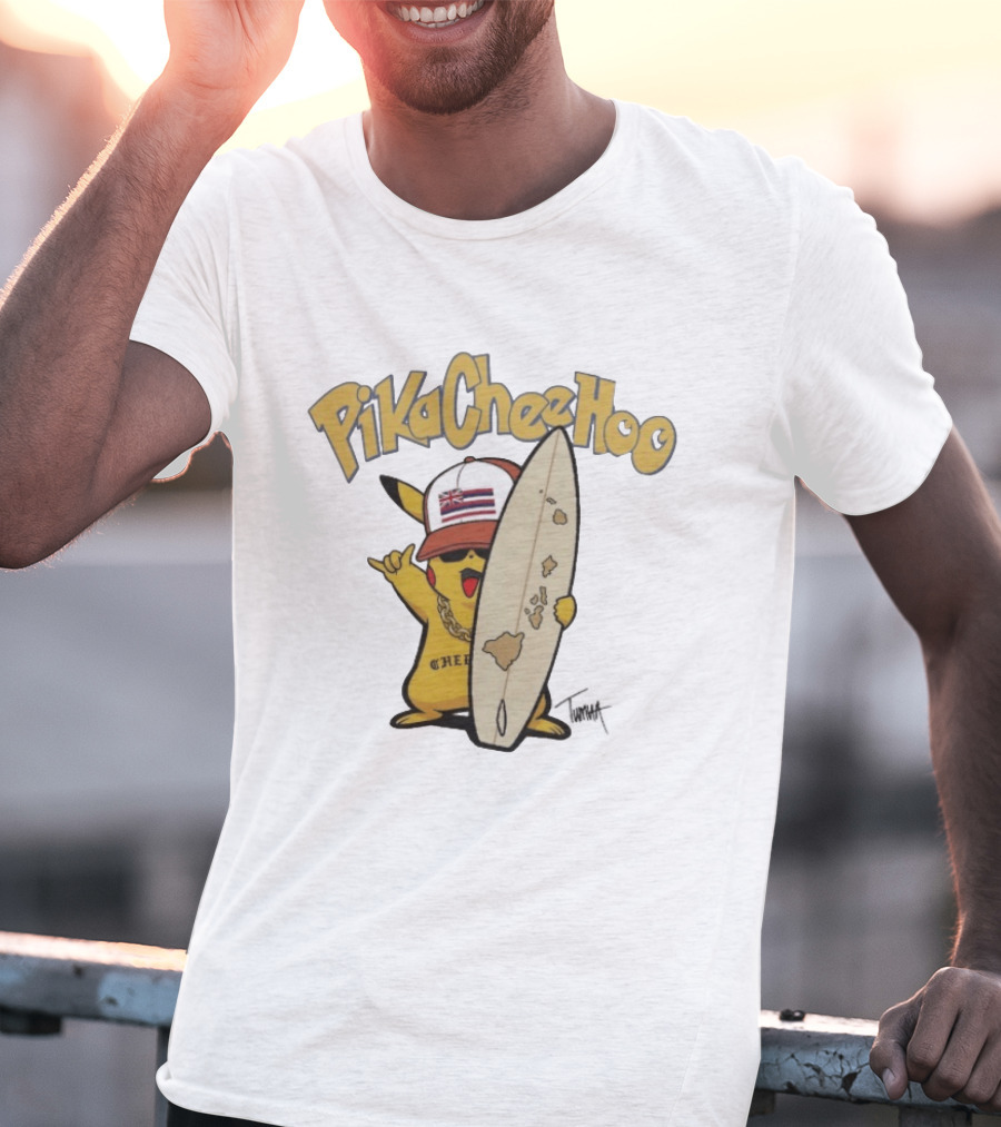 PikaCheeHoo Pikachu Surfboard Tumua Hawaii Flag Hat T-Shirt