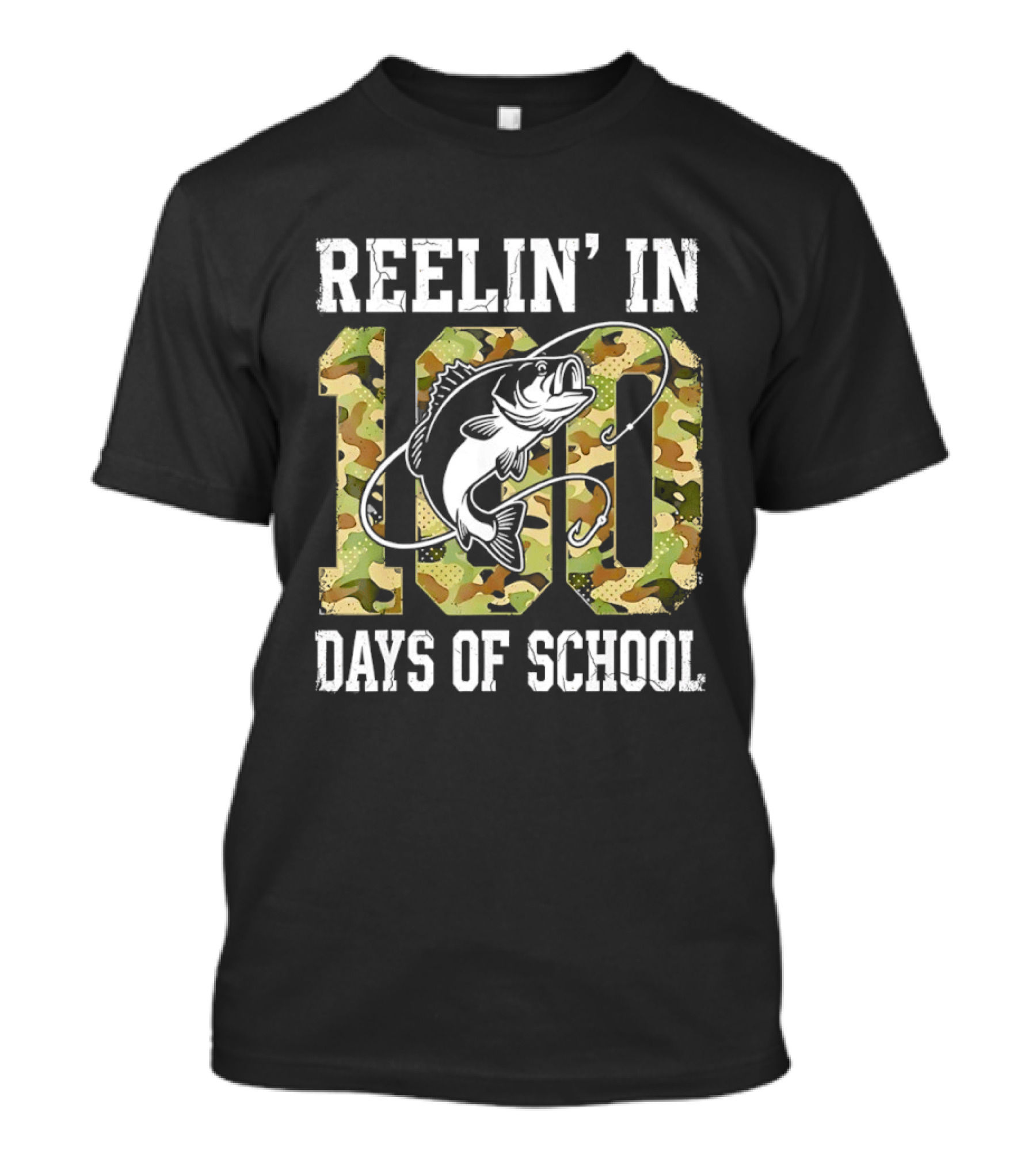 Reelin' In 100 Days Of School Bass Camo Fishing T-Shirt