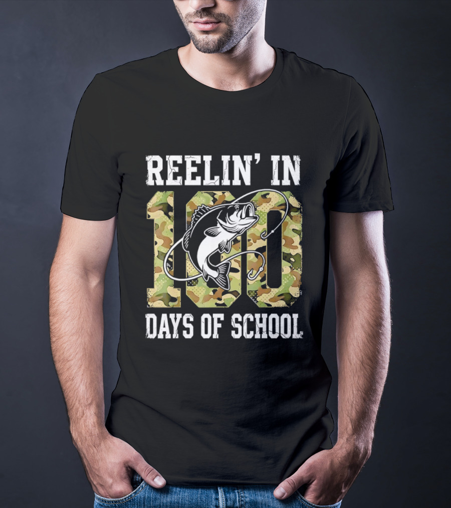 Reelin' In 100 Days Of School Bass Camo Fishing T-Shirt