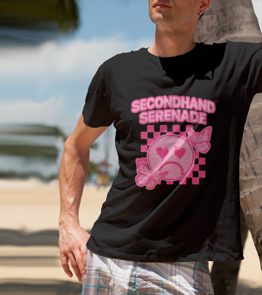 Secondhand Serenade Sad Emo Pink Heartbroken Face With Butterflies T-Shirt