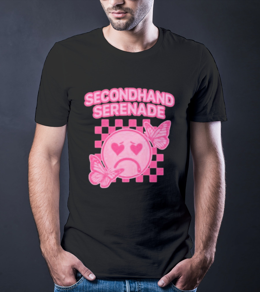 Secondhand Serenade Sad Emo Pink Heartbroken Face With Butterflies T-Shirt
