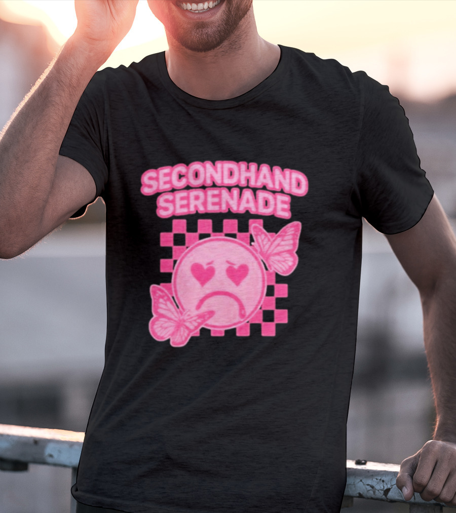 Secondhand Serenade Sad Emo Pink Heartbroken Face With Butterflies T-Shirt
