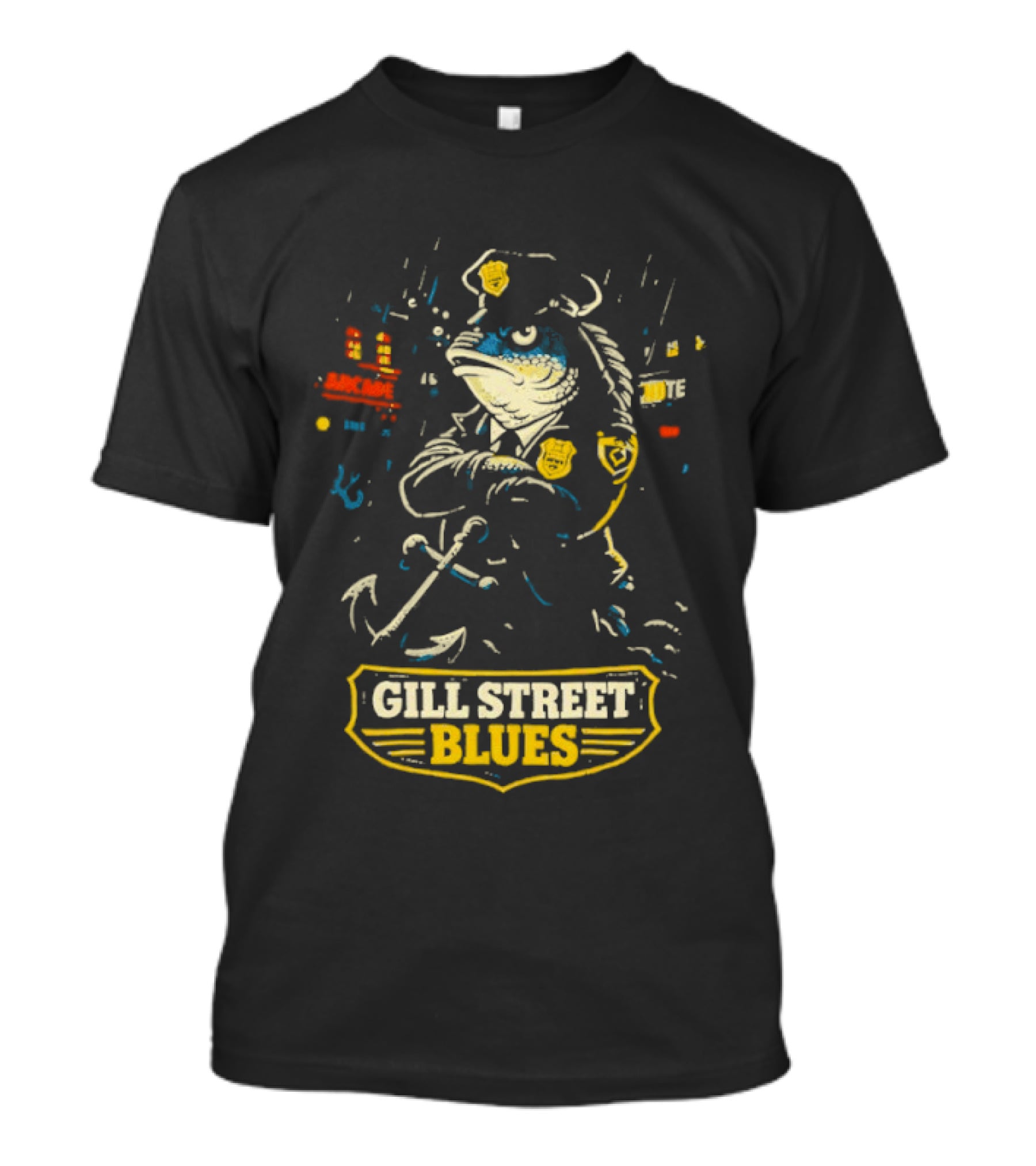 Gill Street Blues Police Fish Retro Cartoon T-Shirt