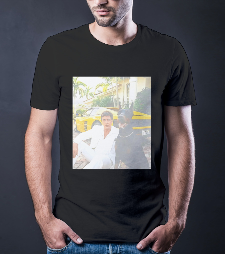 Tony Montana With Dog In Front Of Yellow Sports Car Scene From Scarface T-Shirt