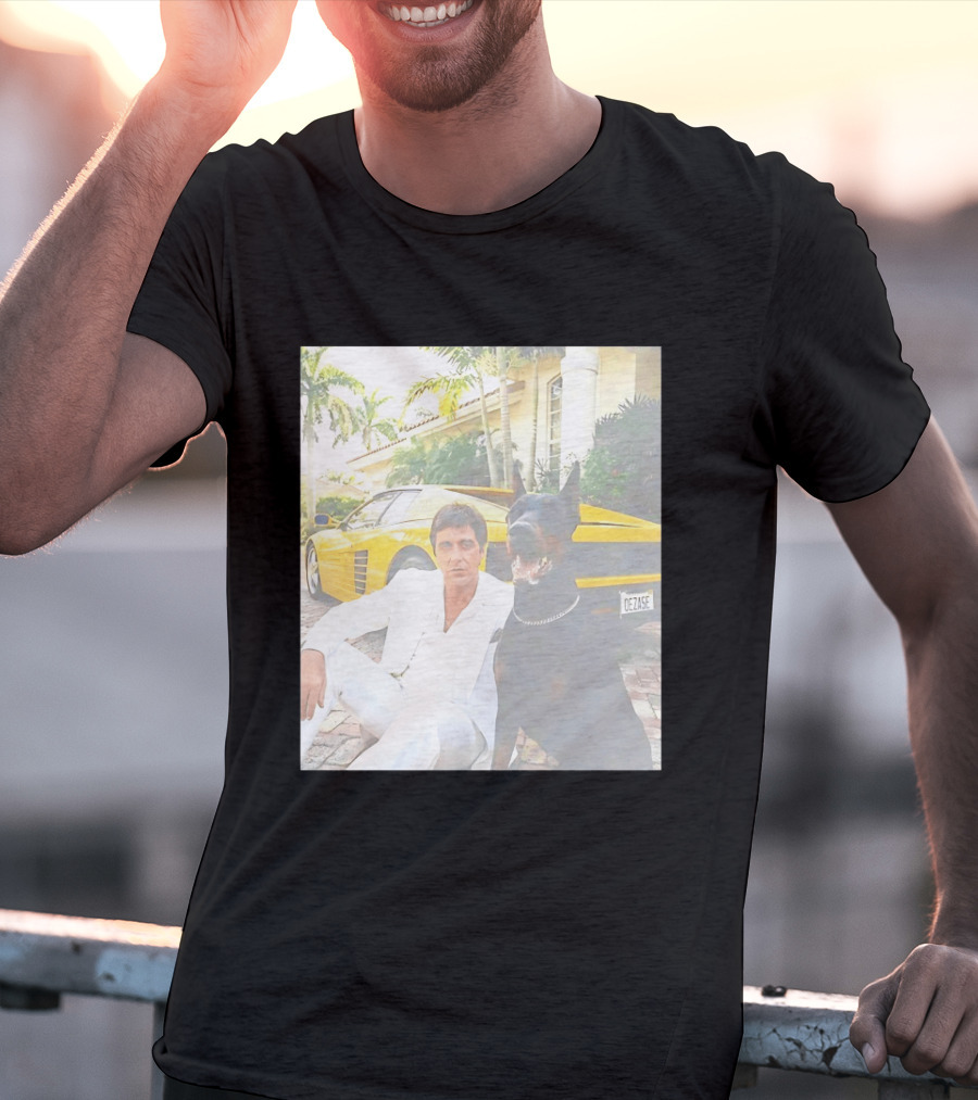 Tony Montana With Dog In Front Of Yellow Sports Car Scene From Scarface T-Shirt