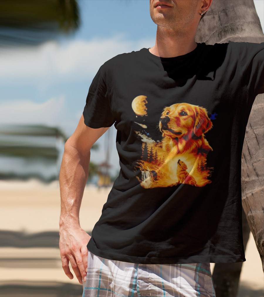 Golden Retriever Majestic Night Howl At Moonlit Waterfall T-Shirt