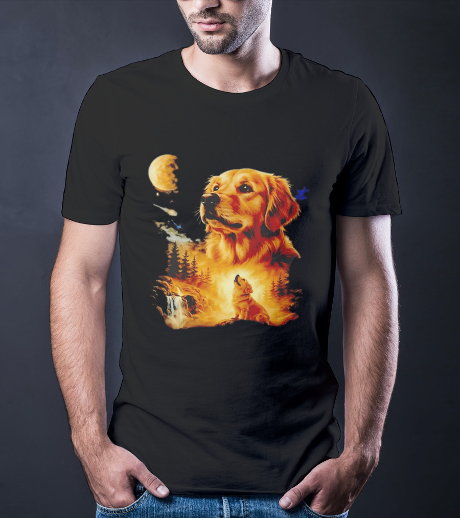 Golden Retriever Majestic Night Howl At Moonlit Waterfall T-Shirt