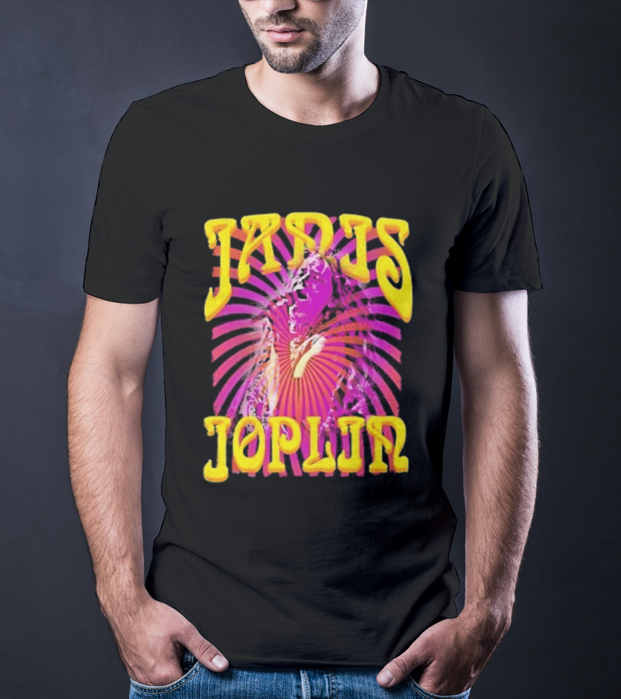 Janis Joplin Psychedelic Swirl Vibrant Yellow Text Pink Burst T-Shirt