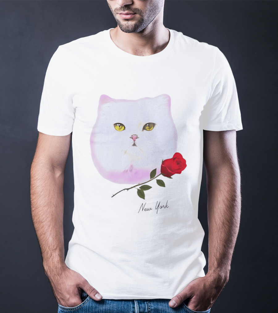 Cat Rose New York White Cat Face Yellow Eyes Red Rose T-Shirt