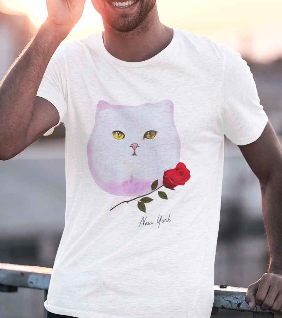 Cat Rose New York White Cat Face Yellow Eyes Red Rose T-Shirt