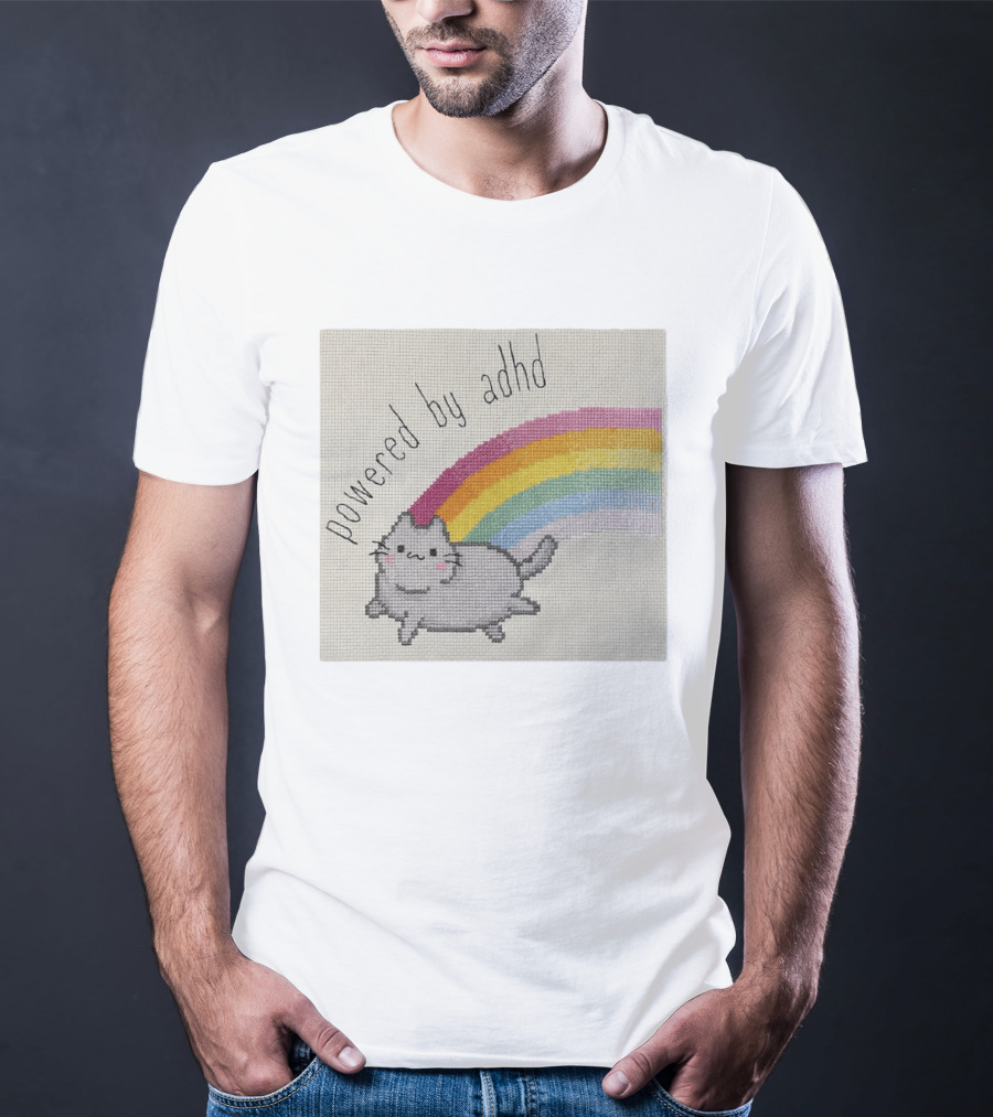 Cat Powered By ADHD Rainbow Cute Cross Stitch Patchwork T-Shirt