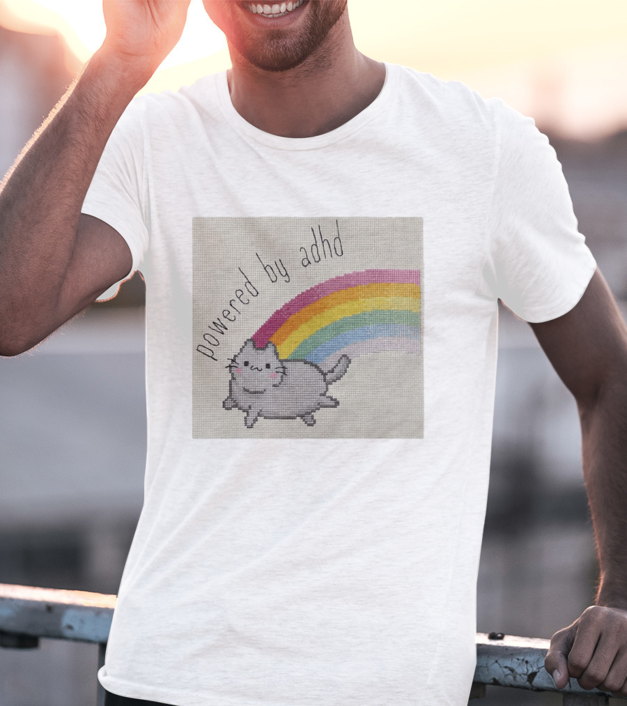 Cat Powered By ADHD Rainbow Cute Cross Stitch Patchwork T-Shirt