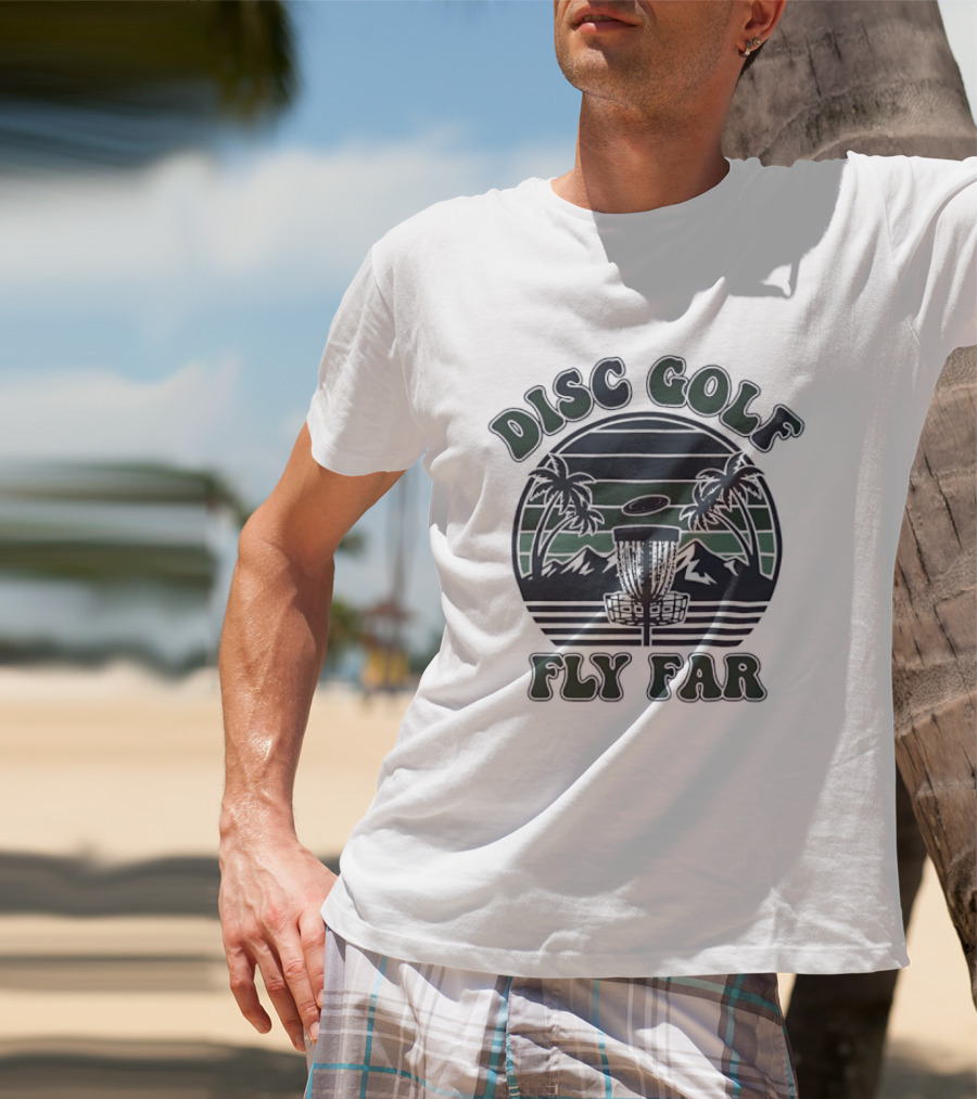 Disc Golf Fly Far Sunset Palm Trees Mountains T-Shirt