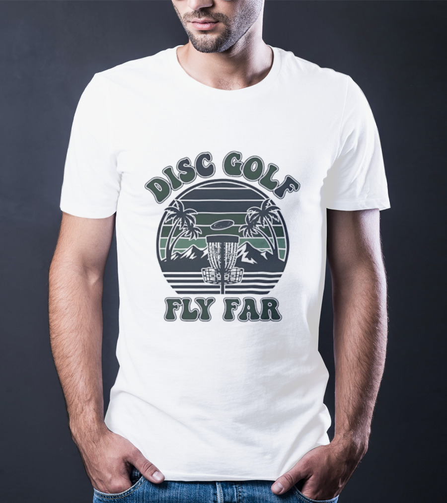 Disc Golf Fly Far Sunset Palm Trees Mountains T-Shirt