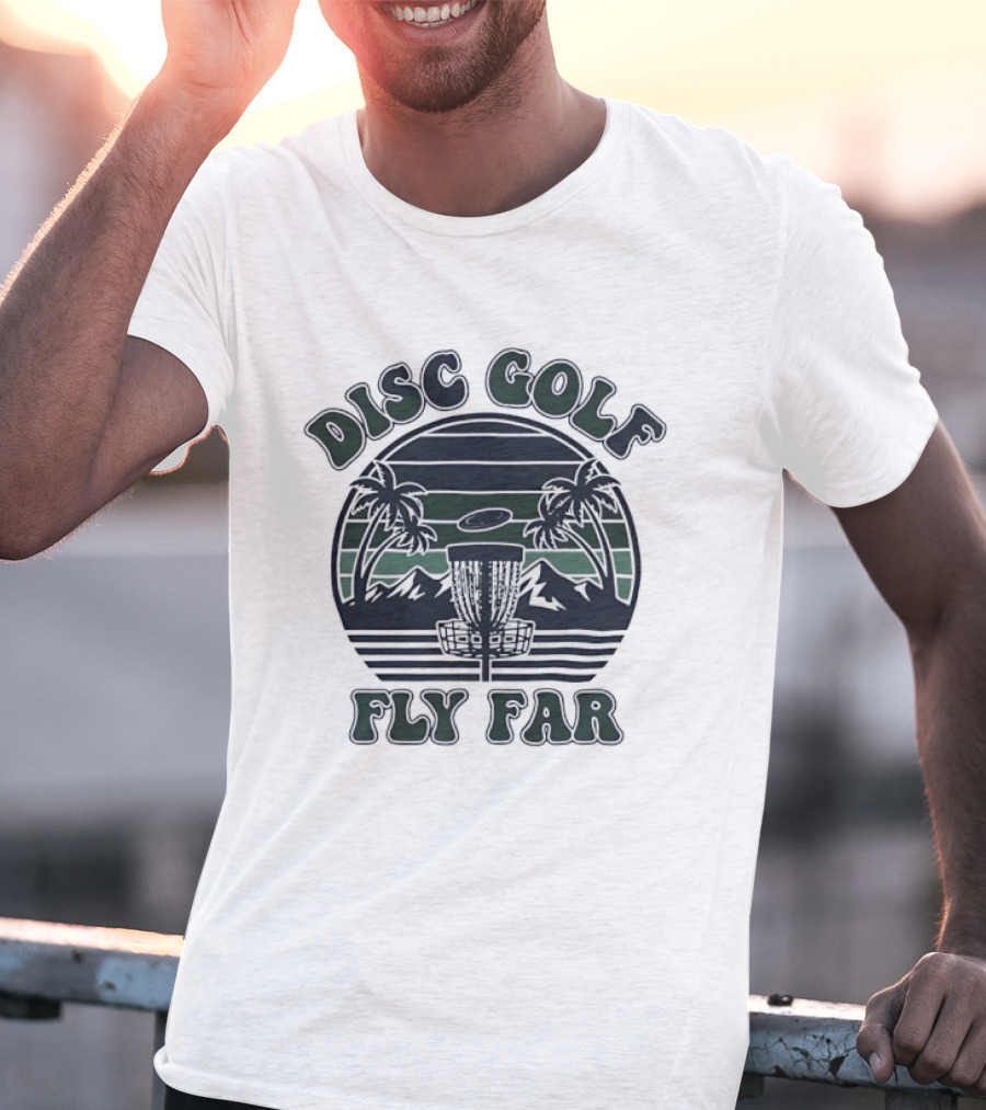 Disc Golf Fly Far Sunset Palm Trees Mountains T-Shirt