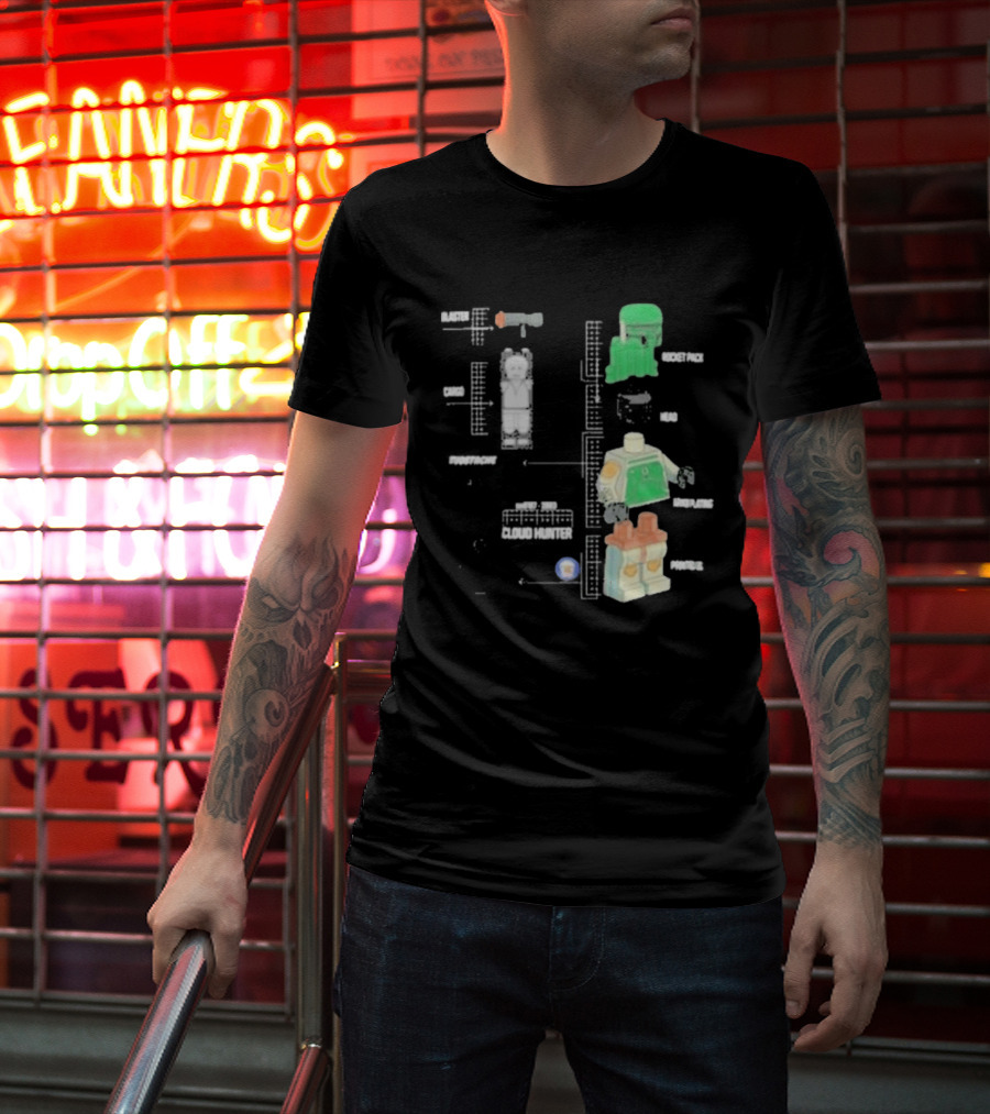 Studstache Cloud Hunter Blueprint With Block Figures And Sci Fi T-Shirt