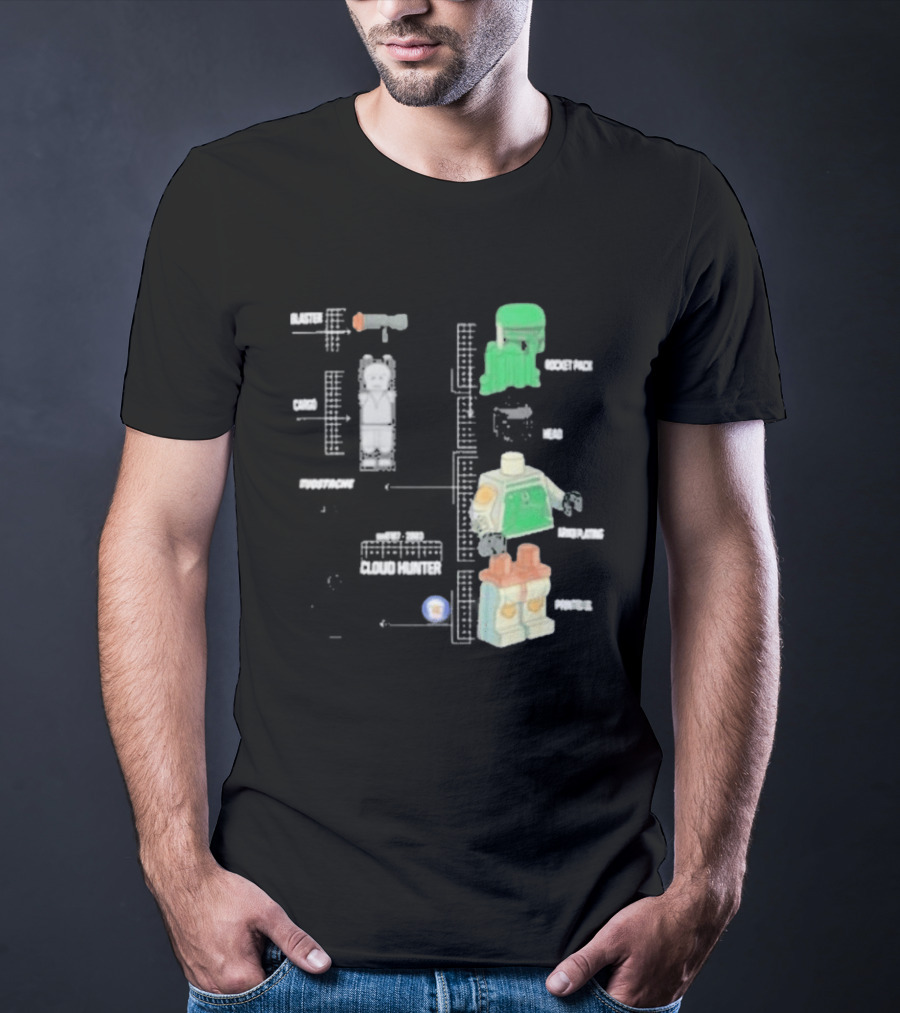 Studstache Cloud Hunter Blueprint With Block Figures And Sci Fi T-Shirt