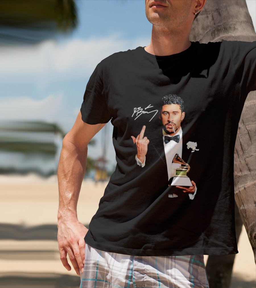 Bad Bunny Smoking Middle Finger Holding Grammy 2026 T-Shirt