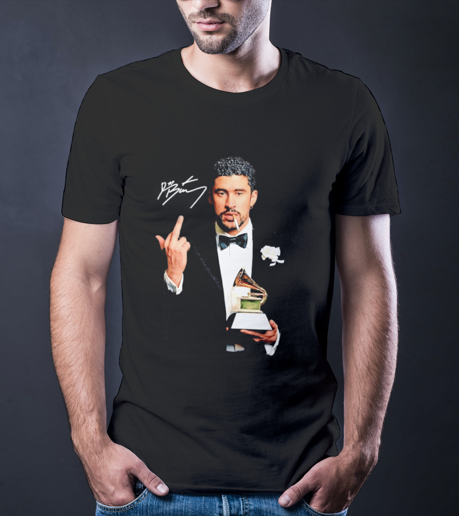 Bad Bunny Smoking Middle Finger Holding Grammy 2026 T-Shirt