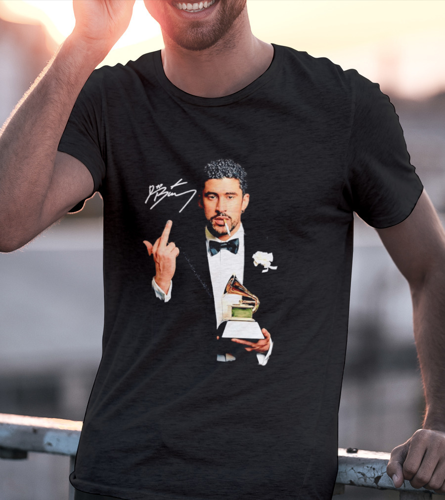 Bad Bunny Smoking Middle Finger Holding Grammy 2026 T-Shirt