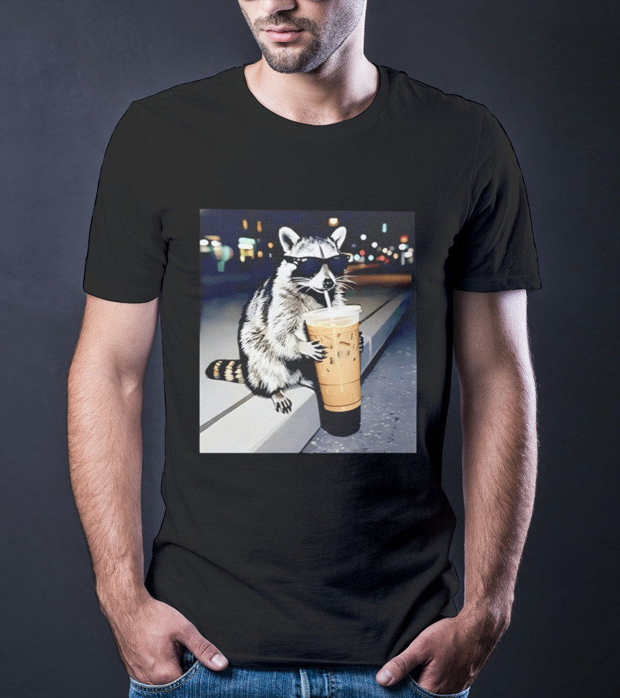 Raccoon Wearing Sunglasses Enjoying Iced Coffee Night Scene T-Shirt