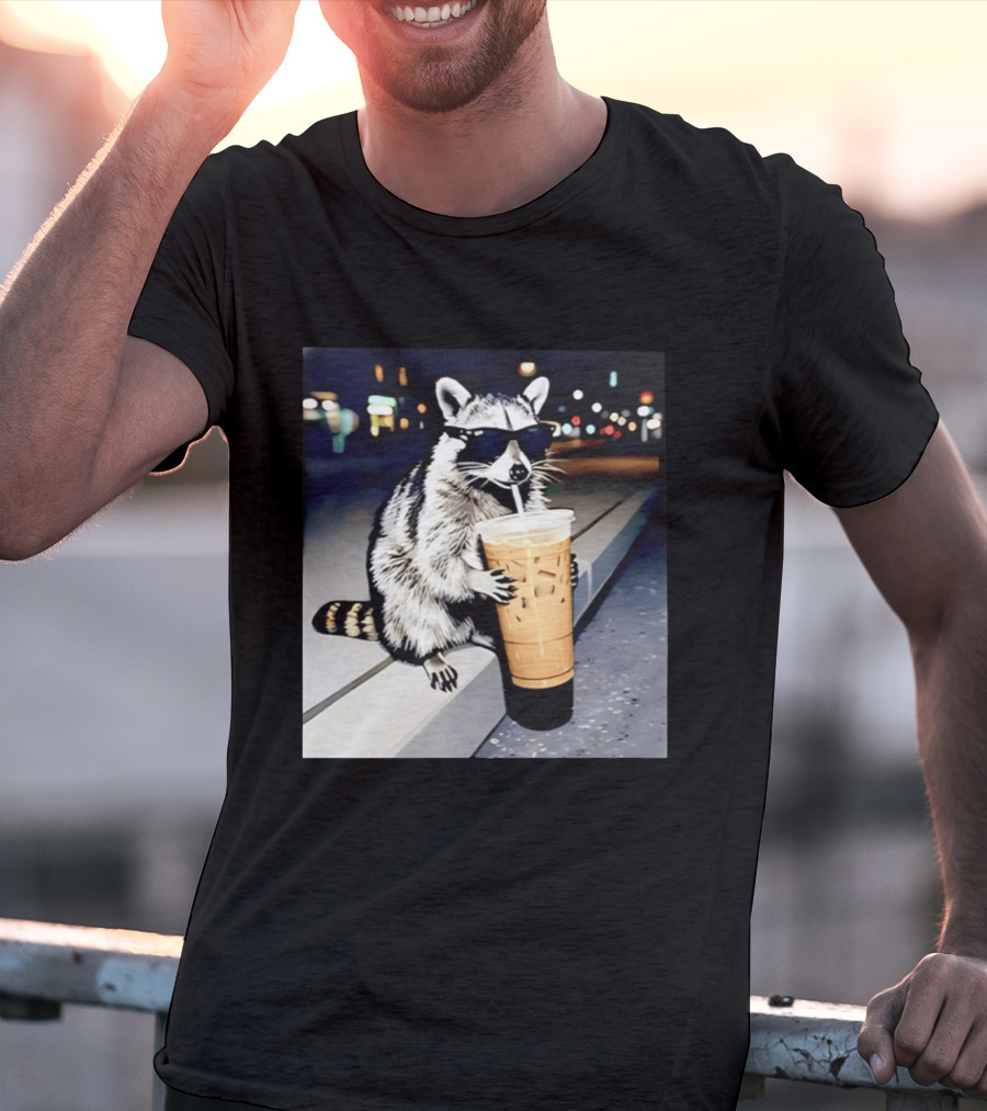 Raccoon Wearing Sunglasses Enjoying Iced Coffee Night Scene T-Shirt