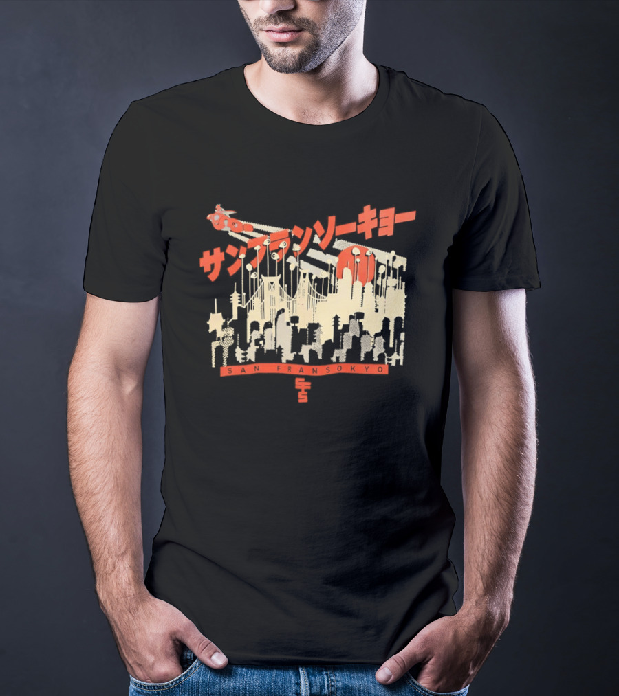 Sanfrasokyo Cityscape Fusion With Japanese Text And Baymax Figure T-Shirt