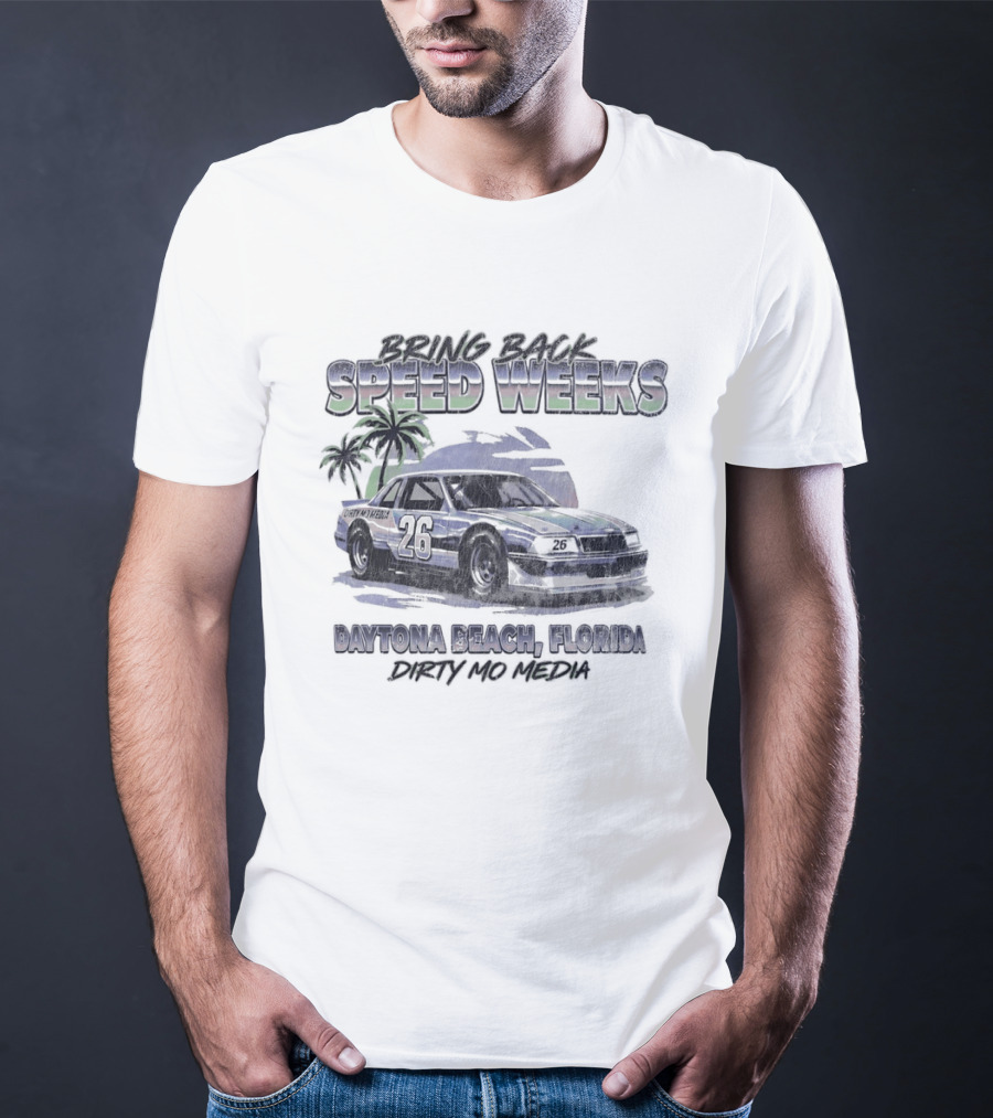 Bring Back Speed Weeks Daytona Beach Florida Dirty Mo Media Racing Car Palm Trees T-Shirt