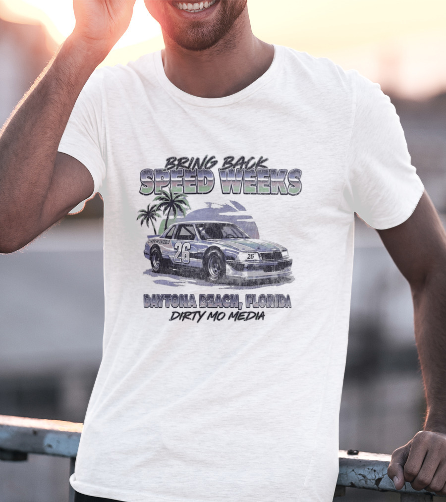Bring Back Speed Weeks Daytona Beach Florida Dirty Mo Media Racing Car Palm Trees T-Shirt