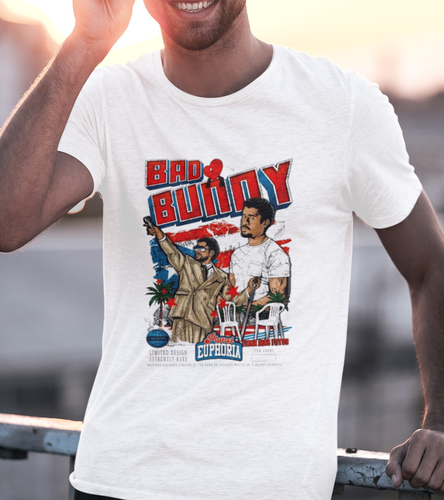 Bad Bunny Tirar Mas Fotos Planet Euphoria Palm Trees Chairs Red White Blue T-Shirt