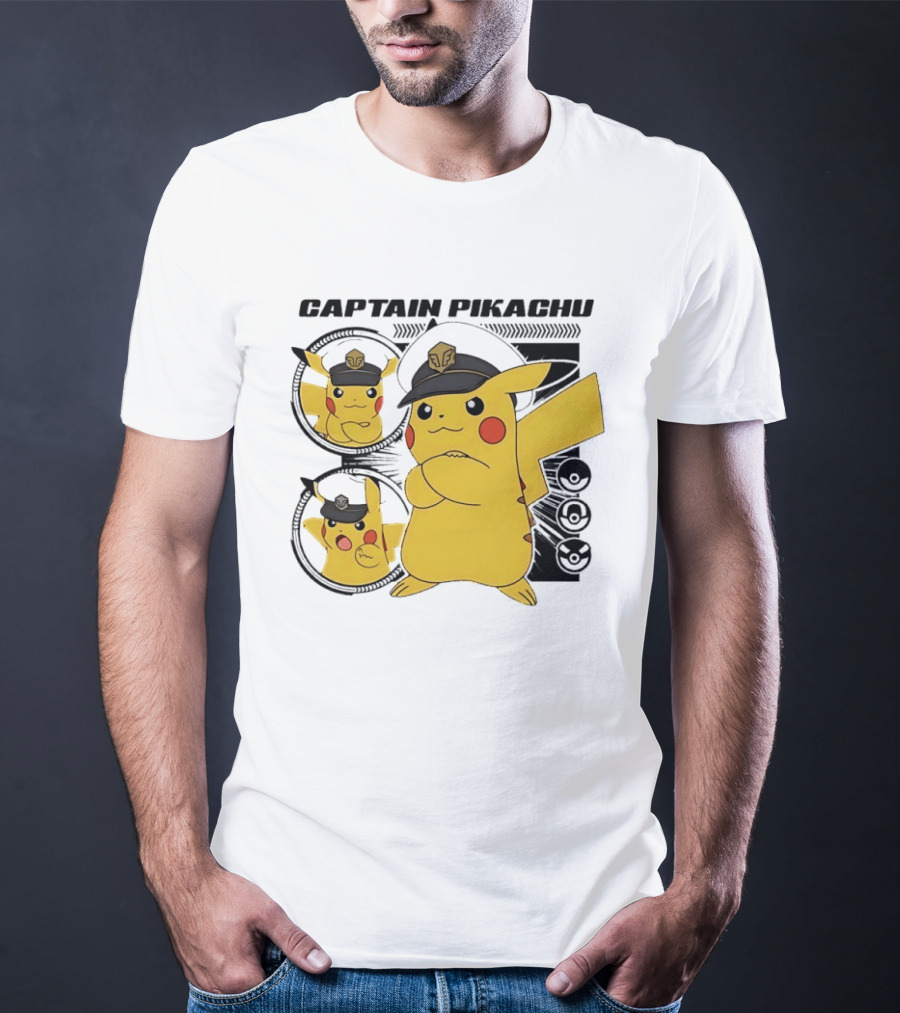 Captain Pikachu Cartoon Character With Hat And Expressions T-Shirt