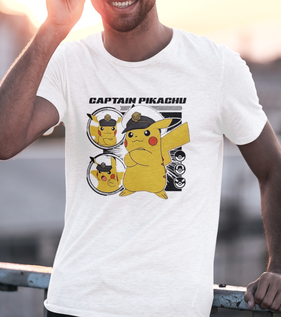 Captain Pikachu Cartoon Character With Hat And Expressions T-Shirt