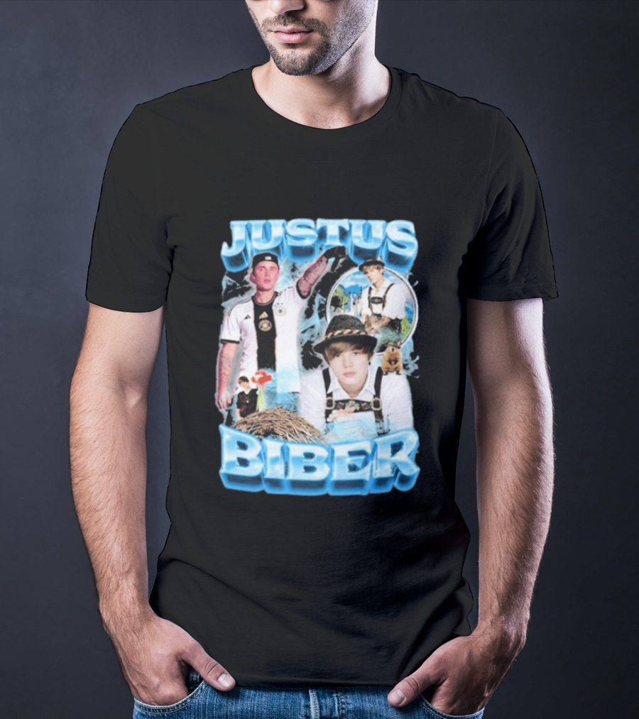 Justus Biber Justin Bieber Bavarian Inspired Collage Football Lederhosen T-Shirt