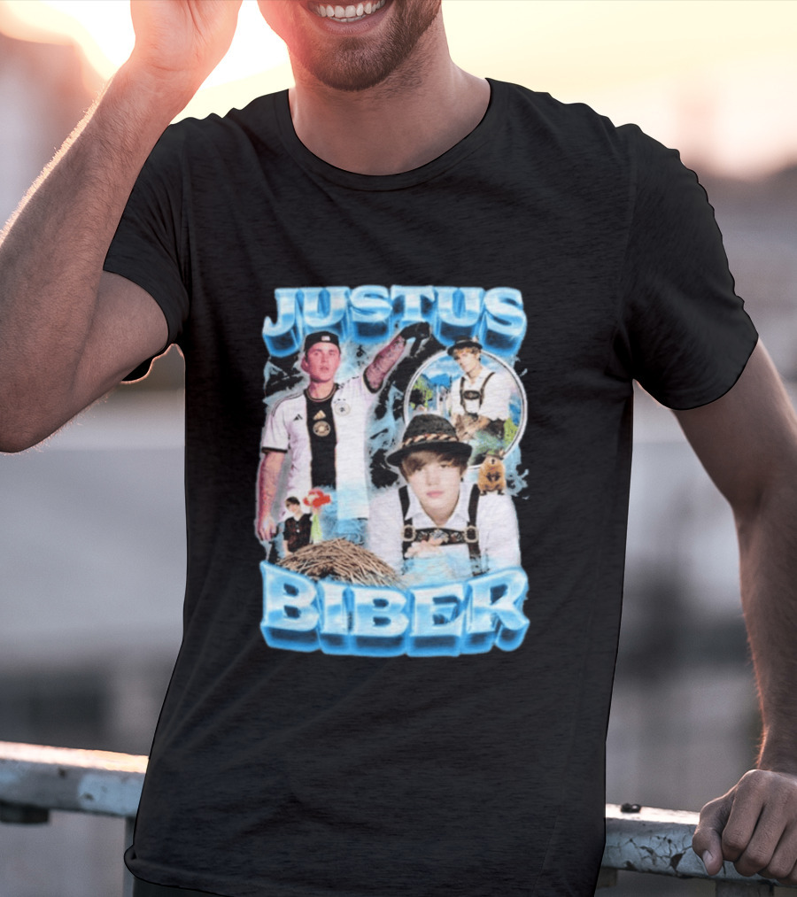 Justus Biber Justin Bieber Bavarian Inspired Collage Football Lederhosen T-Shirt
