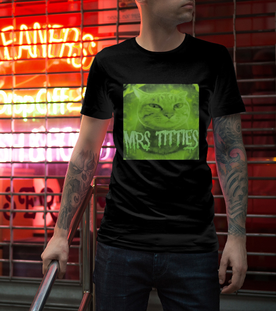 Mrs Titties Cat Glowing Neon Green Feline T-Shirt