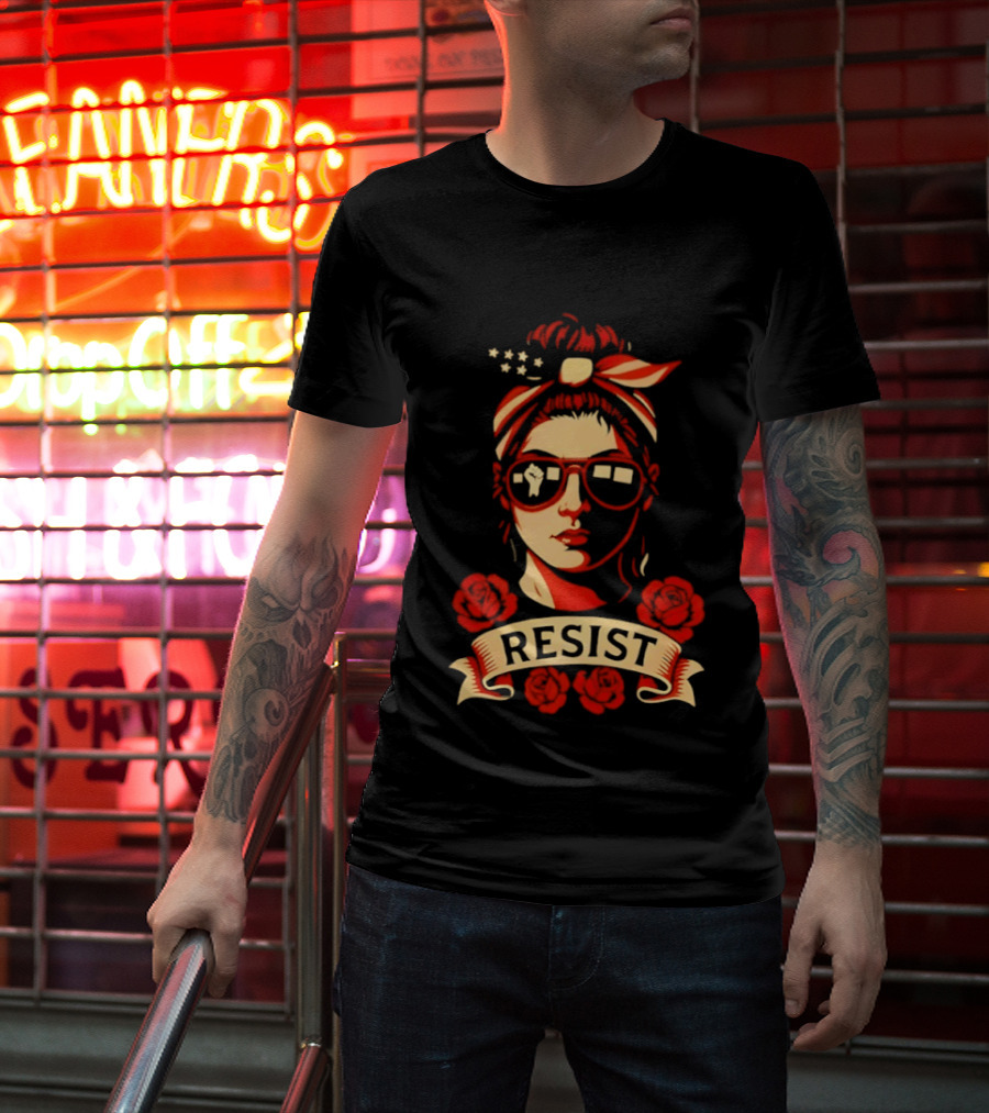 Patriotic Woman Resist American Flag Bandana And Glasses With Roses T-Shirt