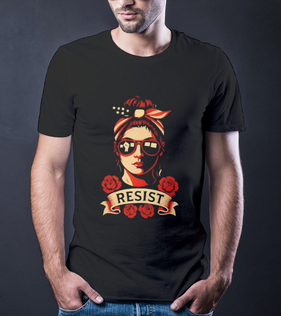 Patriotic Woman Resist American Flag Bandana And Glasses With Roses T-Shirt