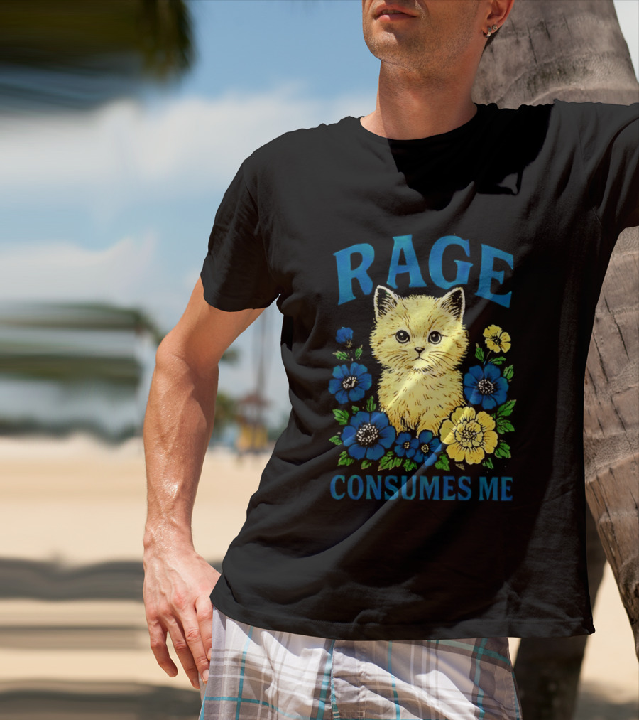 Rage Consumes Me Cat Surrounded By Blue And Yellow Flowers T-Shirt