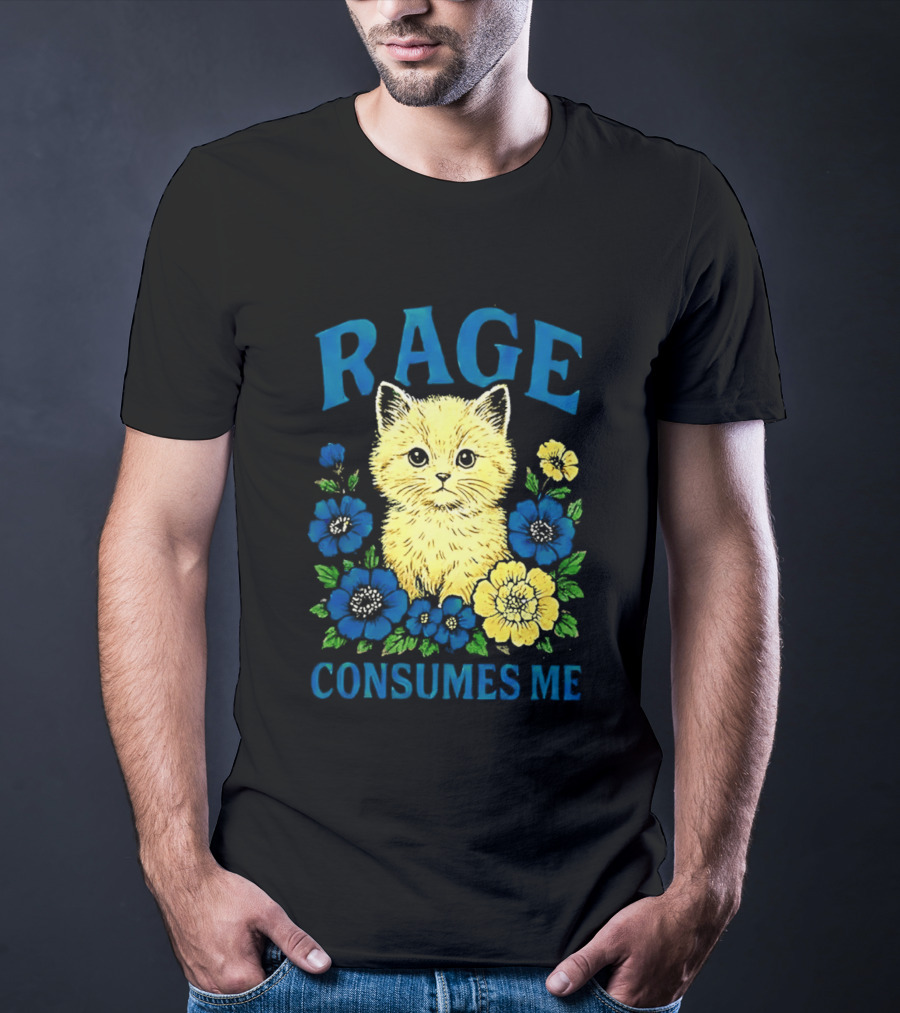 Rage Consumes Me Cat Surrounded By Blue And Yellow Flowers T-Shirt