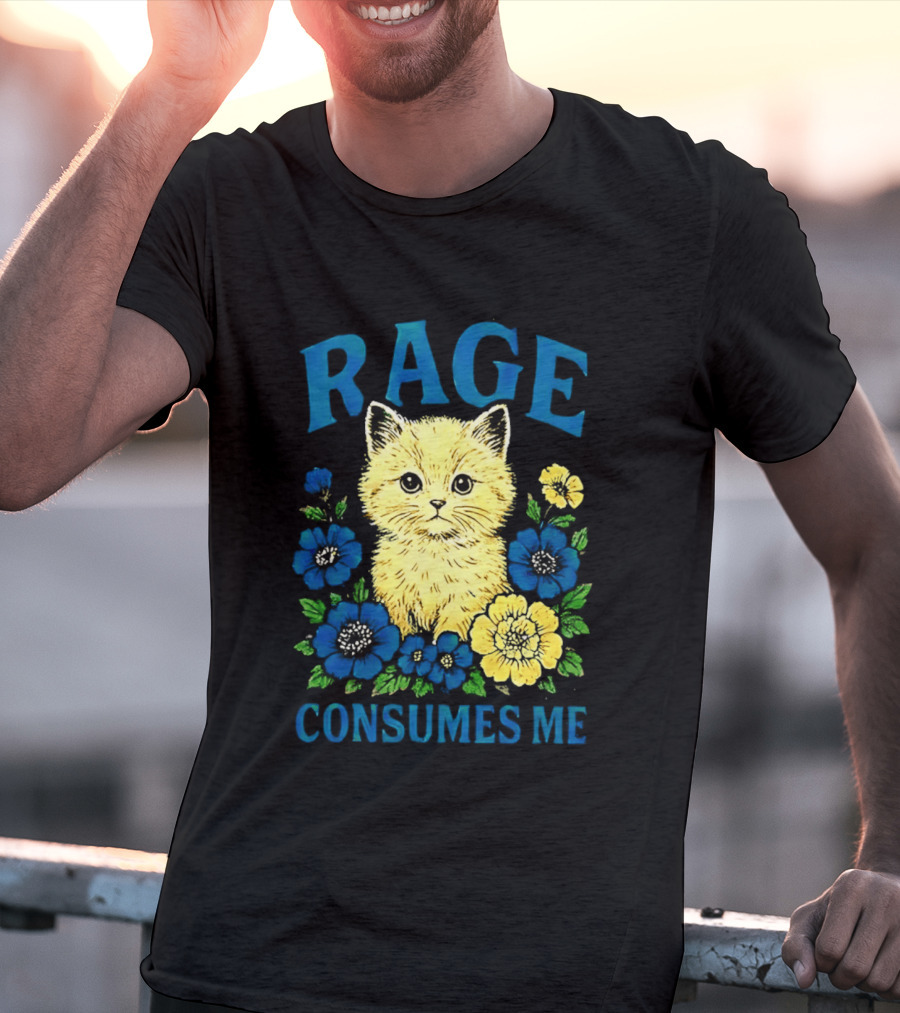 Rage Consumes Me Cat Surrounded By Blue And Yellow Flowers T-Shirt