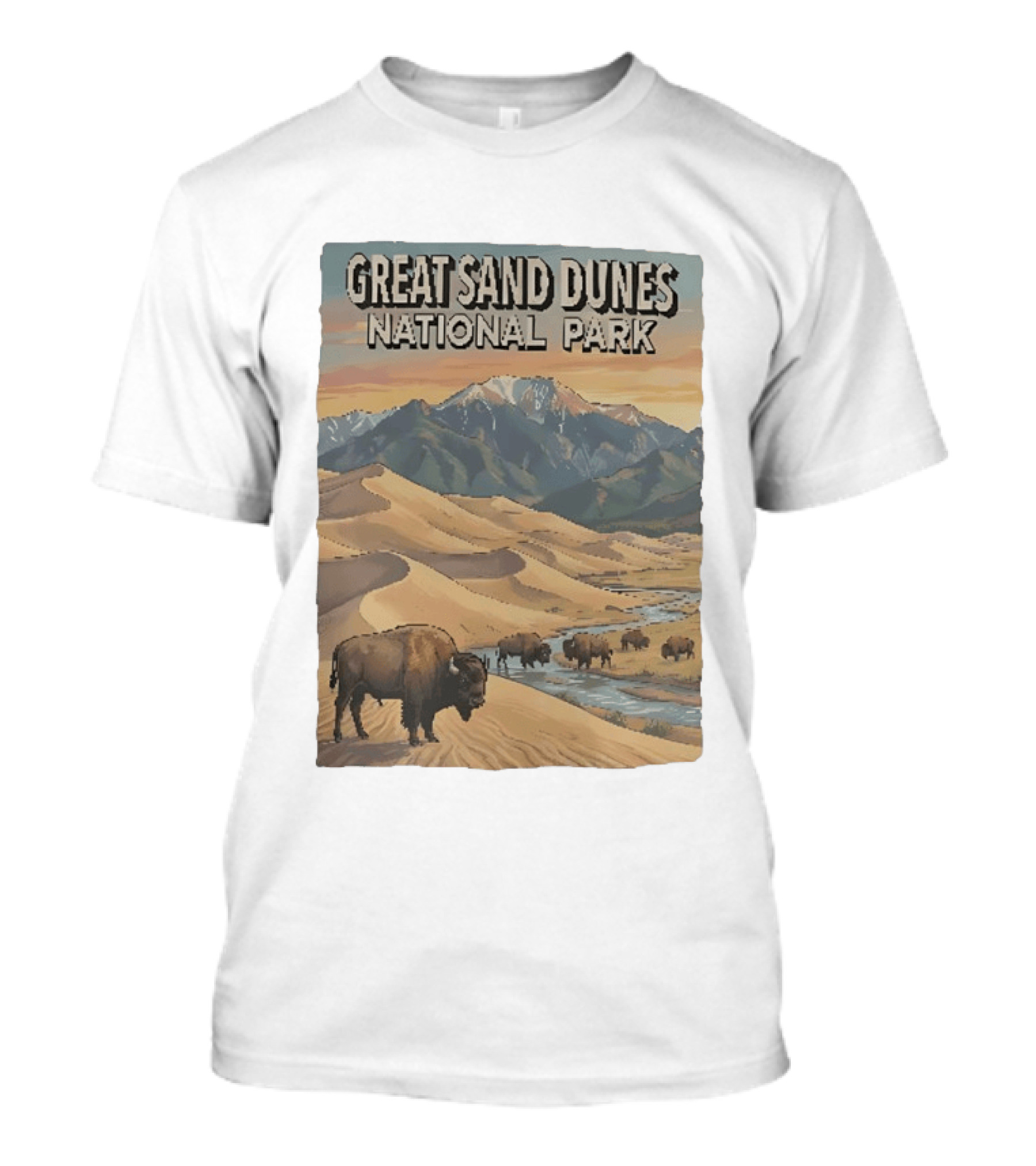 Great Sand Dunes National Park With Buffalo And Mountains Scene T-Shirt