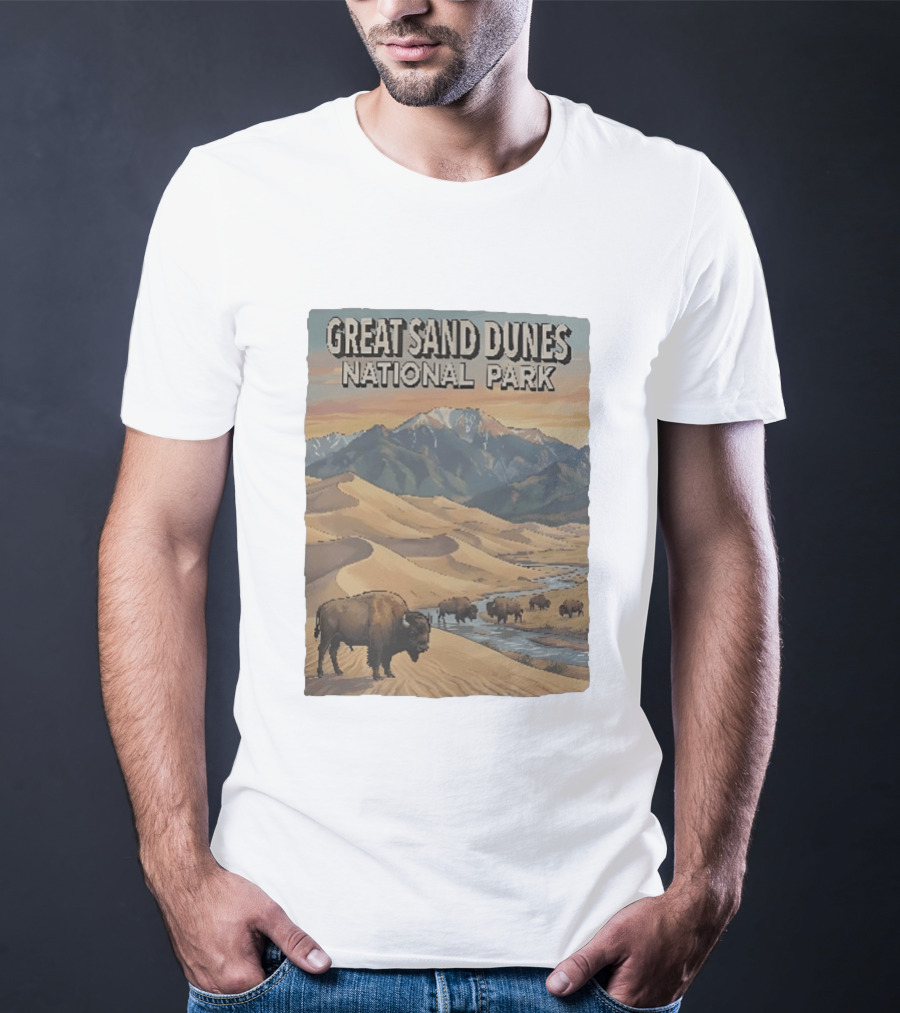 Great Sand Dunes National Park With Buffalo And Mountains Scene T-Shirt