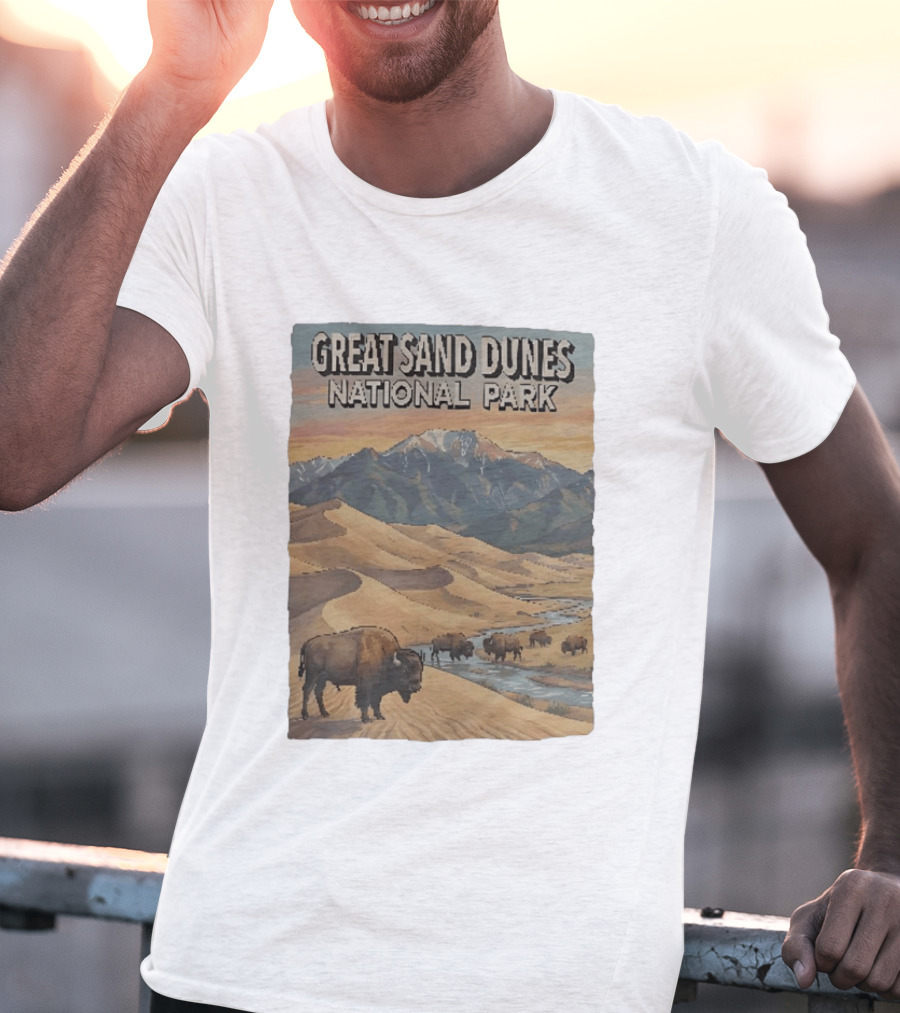 Great Sand Dunes National Park With Buffalo And Mountains Scene T-Shirt