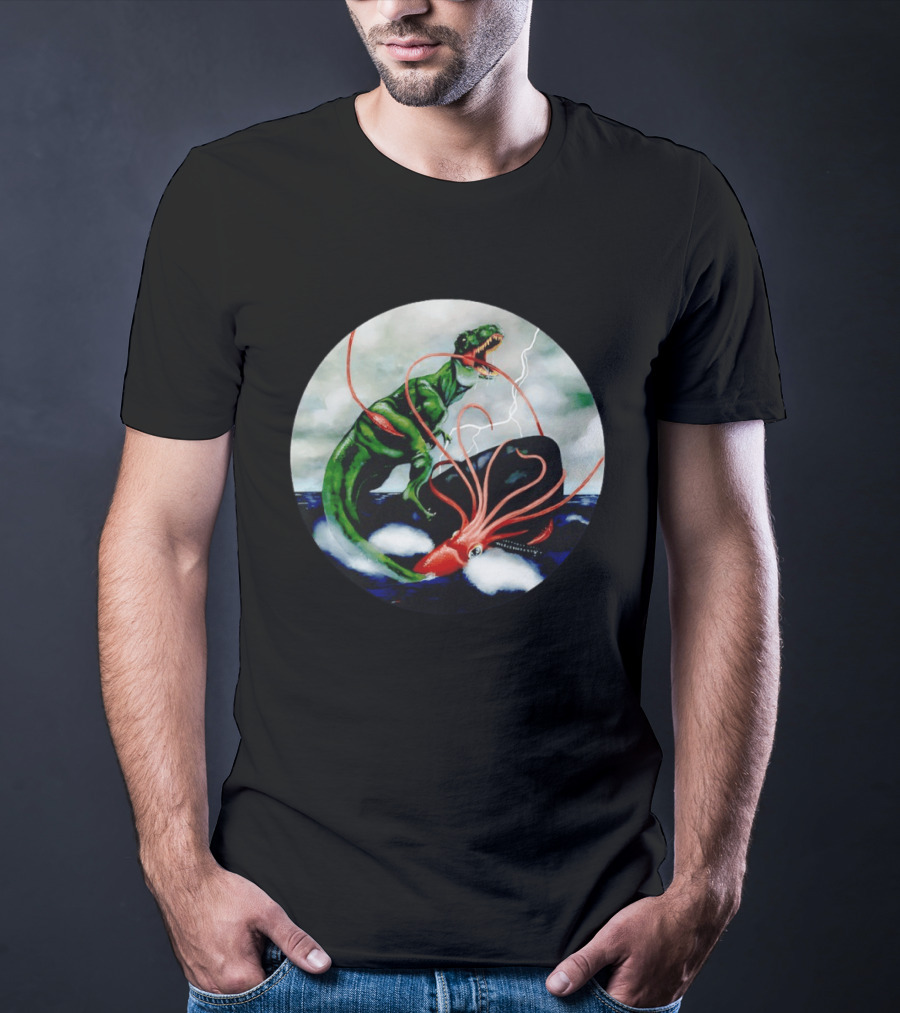 Dinosaur And Giant Squid Battle On Stormy Sea T-Shirt