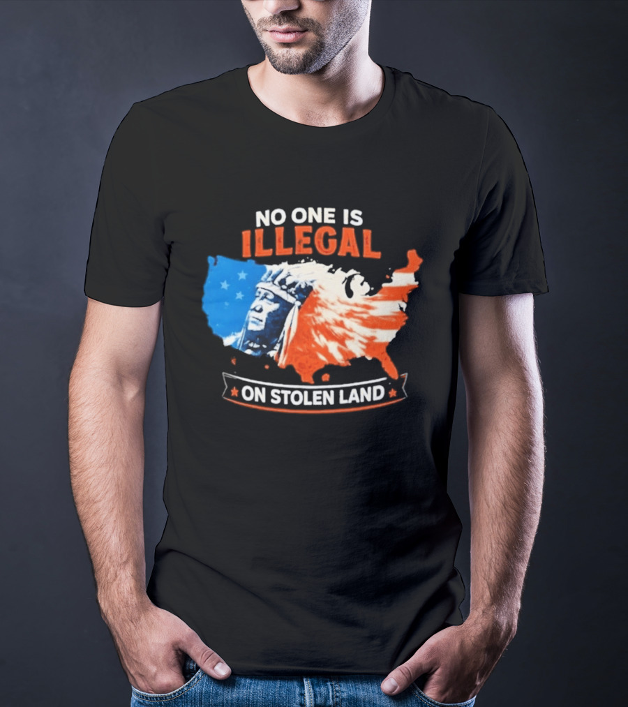 No One Is Illegal On Stolen Land USA Map Native American Headdress T-Shirt