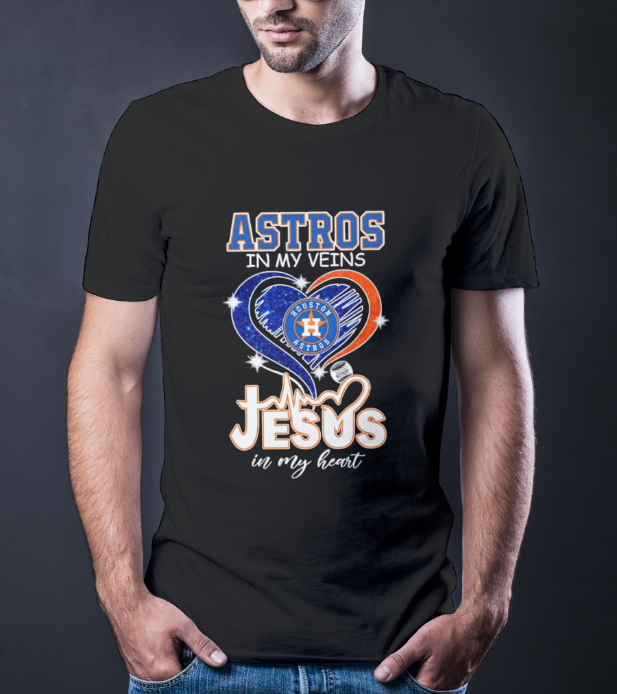 Houston Astros In My Veins Jesus In My Heart Heartbeat Diamond Shape T-Shirt