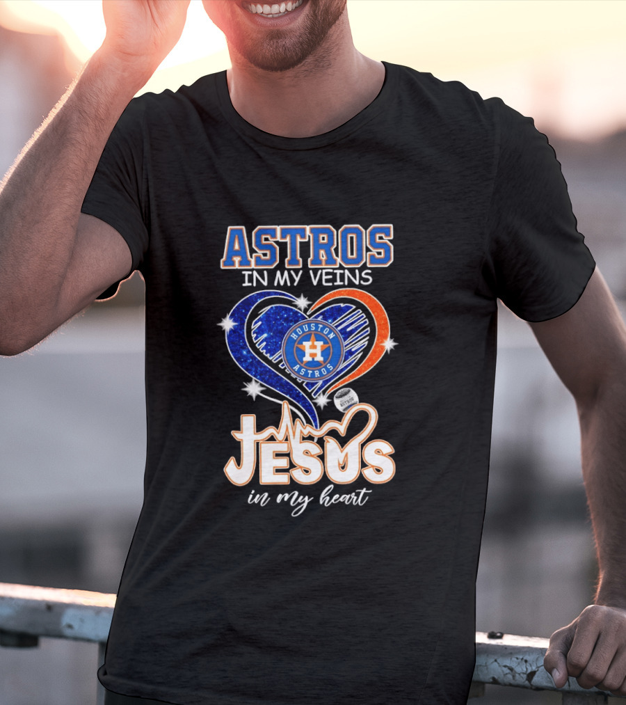 Houston Astros In My Veins Jesus In My Heart Heartbeat Diamond Shape T-Shirt